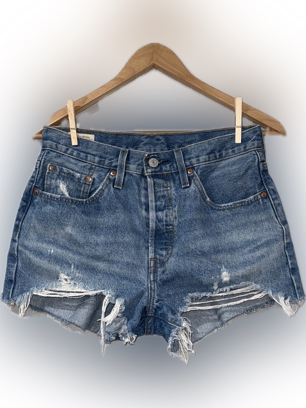 Levi's Premium 501 Distressed Blue Denim Cutoff Shorts | W28